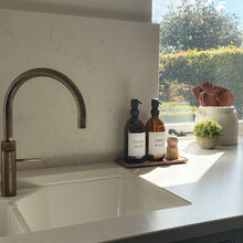 Load image into Gallery viewer, Amber Glass Soap Bottles 500ml, Large Acacia Tray & Dish Brush Set