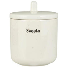 Load image into Gallery viewer, White ceramic jar with a lid labeled 'Sweets' on a white background