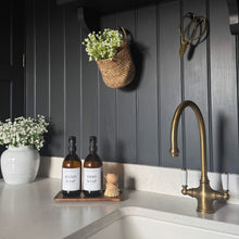 Load image into Gallery viewer, Amber Glass Soap Bottles 500ml, Large Acacia Tray & Dish Brush Set