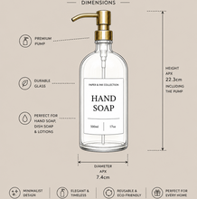 Load image into Gallery viewer, A 500ml glass pump bottle of hand soap with a gold pump dispenser, shown with dimension lines and labels on a beige background. The graphic includes text describing features like premium pump, durable glass, and dimensions of 22.
