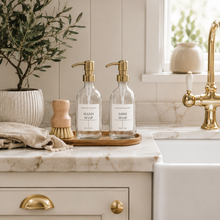 Load image into Gallery viewer, Clear Glass Soap Bottles 300ml, Acacia Tray & Dish Brush Set