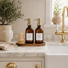 Load image into Gallery viewer, Amber Glass Soap Bottles 300ml, Acacia Tray & Dish Brush Set