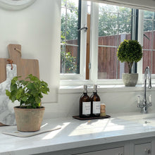 Load image into Gallery viewer, Amber Glass Soap Bottles 500ml, Large Acacia Tray & Dish Brush Set