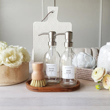 Load image into Gallery viewer, Clear Glass Soap Bottles 300ml, Acacia Tray & Dish Brush Set