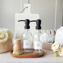 Load image into Gallery viewer, Clear Glass Soap Bottles 300ml, Acacia Tray & Dish Brush Set