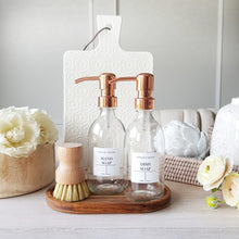 Load image into Gallery viewer, Clear Glass Soap Bottles 300ml, Acacia Tray & Dish Brush Set