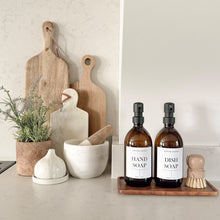 Load image into Gallery viewer, Amber Glass Soap Bottles 500ml, Large Acacia Tray &amp; Dish Brush Set
