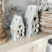Load image into Gallery viewer, Dainty Grey Ceramic Christmas Tea Light House - 2 sizes
