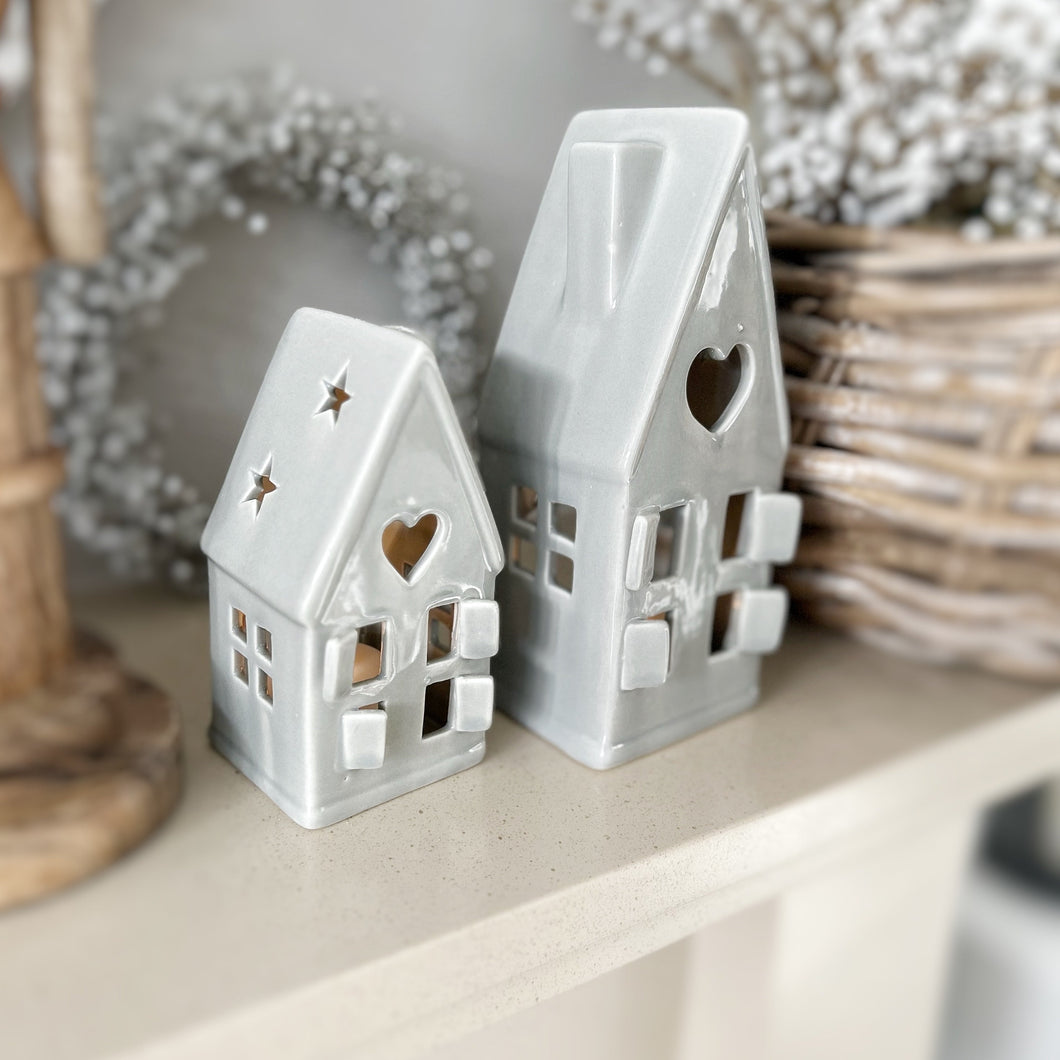 Dainty Grey Ceramic Christmas Tea Light House - 2 sizes