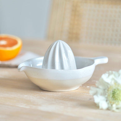 White cream ceramic juicer on a wooden surface with an orange and flower in the background