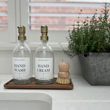 Load image into Gallery viewer, Clear Glass Soap Bottles 500ml, Large Acacia Tray &amp; Dish Brush Set
