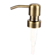 Load image into Gallery viewer, An antique brass bathroom soap dispenser pump head with a white plastic nozzles, isolated on a white background.
