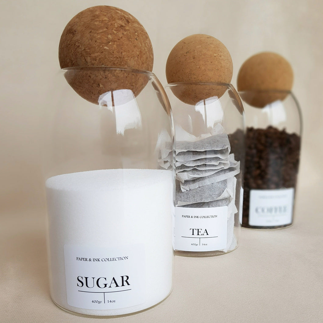 Tea, Coffee & Sugar Cork Ball Jar Set - 0.8l