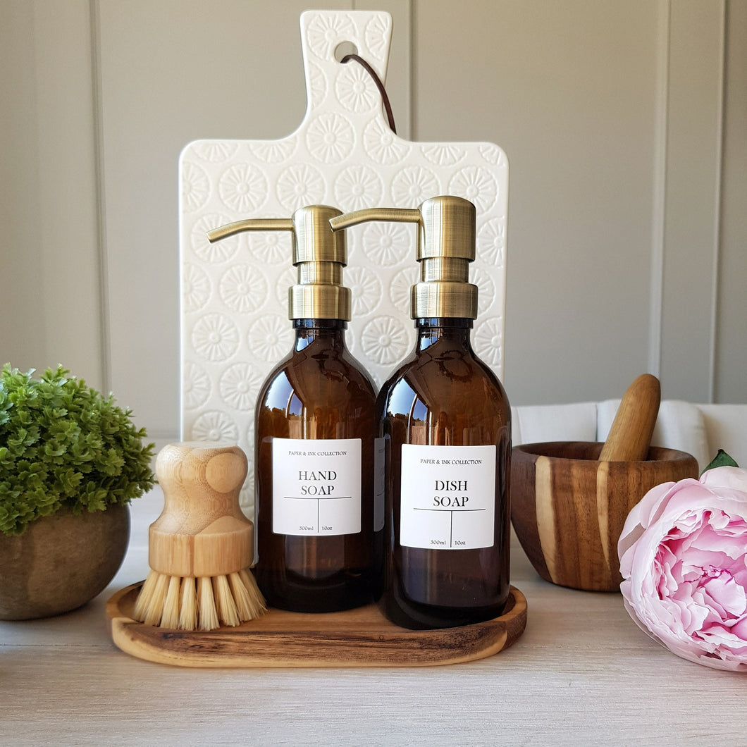Amber Glass Soap Bottles, Acacia Tray & Dish Brush Set