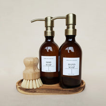 Load image into Gallery viewer, Amber Glass Soap Bottles, Acacia Tray &amp; Dish Brush Set
