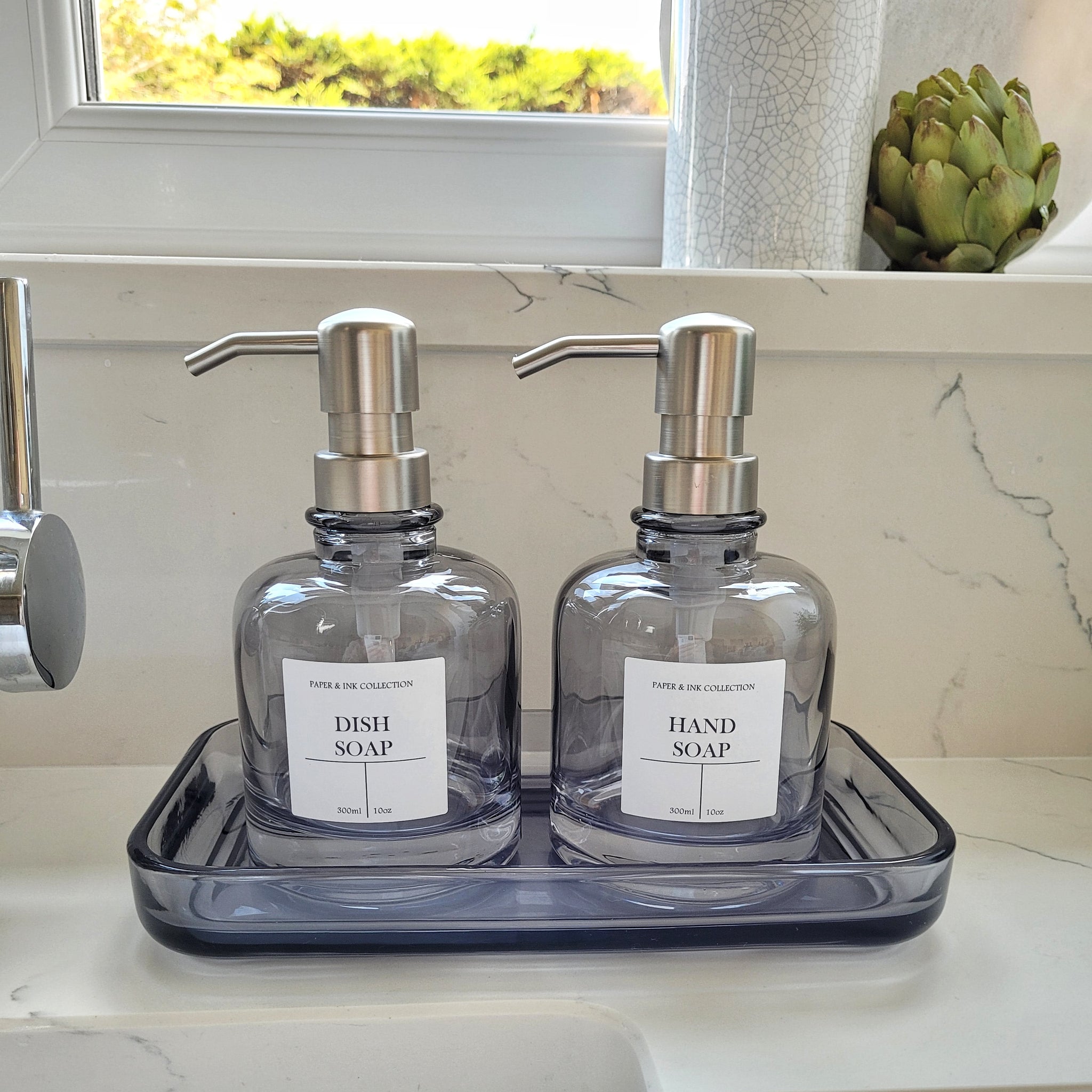 Silver Grey Glass Soap Dispenser Short 330ml Paper Ink