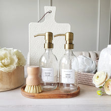 Load image into Gallery viewer, Clear Glass Soap Bottles, Acacia Tray &amp; Dish Brush Set
