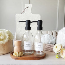 Load image into Gallery viewer, Clear Glass Soap Bottles, Acacia Tray &amp; Dish Brush Set
